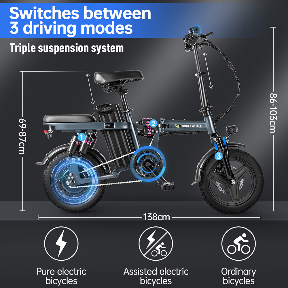 Honey Whale S6 Pro Electric Bike 14*2.125 inch Tire 350W Brushless Motor 35km/h Max Speed 48V 15Ah Battery 45-55km Range