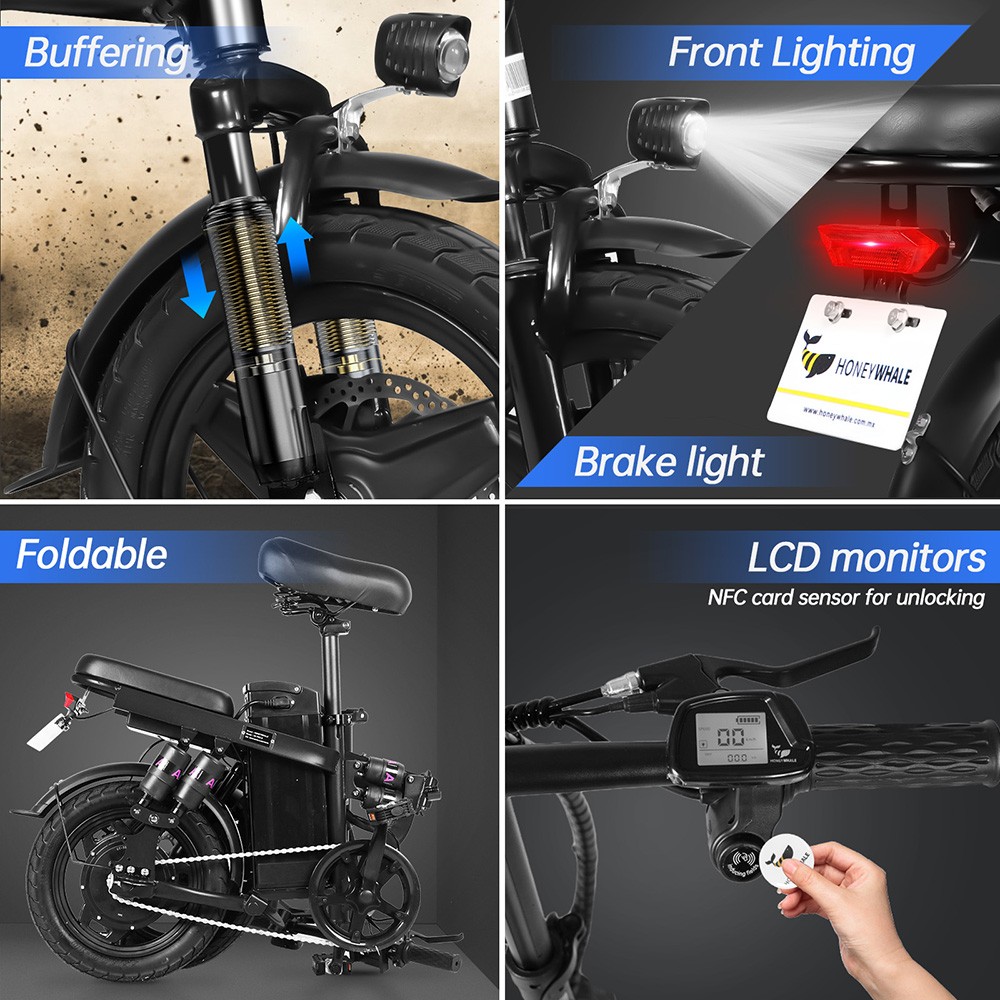 Honey Whale S6 Pro Electric Bike 14*2.125 inch Tire 350W Brushless Motor 35km/h Max Speed 48V 15Ah Battery 45-55km Range