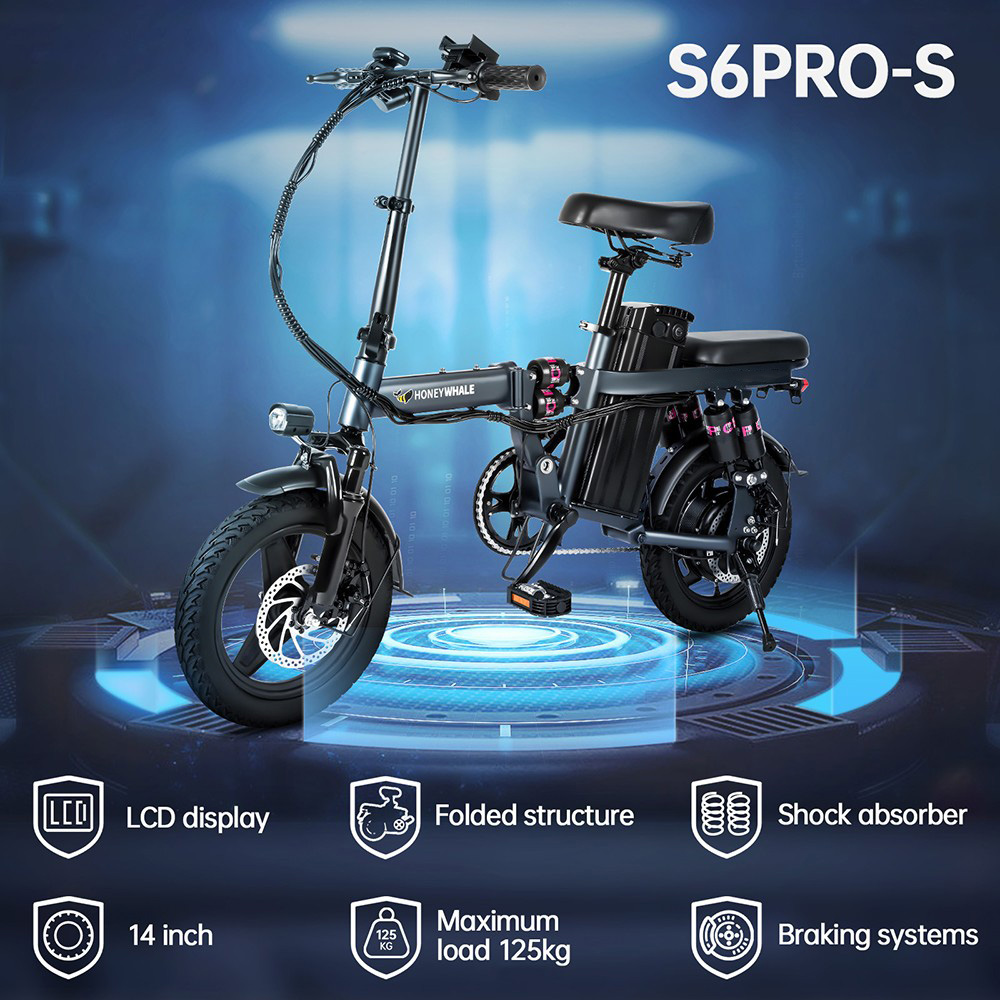 Honey Whale S6 Pro Electric Bike 14*2.125 inch Tire 350W Brushless Motor 35km/h Max Speed 48V 15Ah Battery 45-55km Range