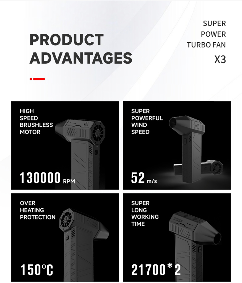 JARVIS X3 Violent Turbo Fan, 130,000RPM Brushless Motor, 3000mAh Battery Capacity, Three Wind Speeds