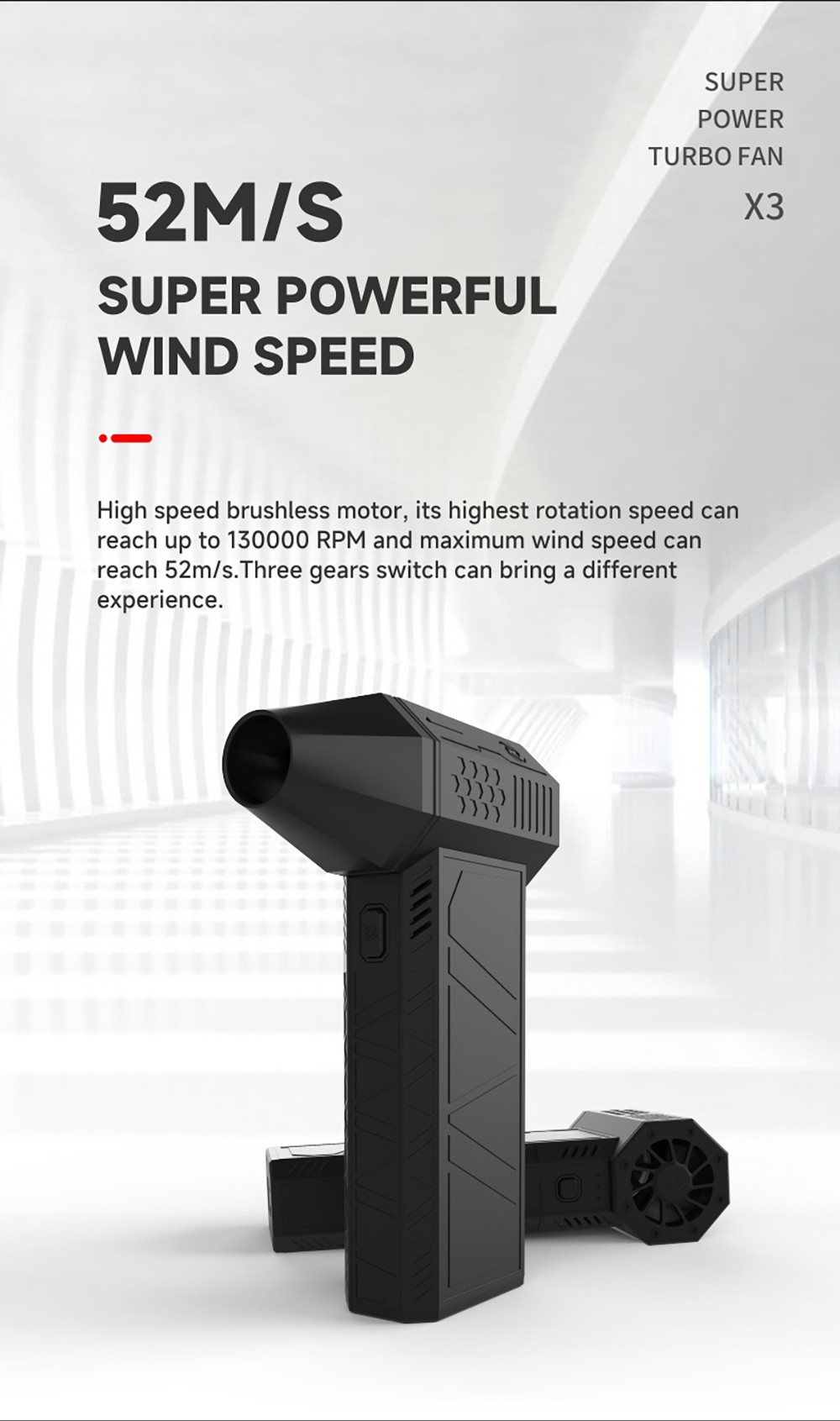 JARVIS X3 Violent Turbo Fan, 130,000RPM Brushless Motor, 3000mAh Battery Capacity, Three Wind Speeds