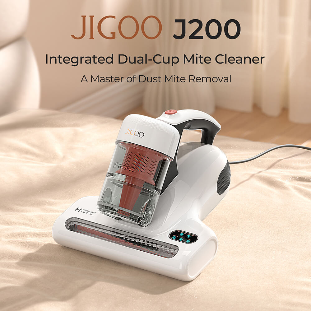 JIGOO J200 Dust Mite Vacuum Cleaner, Mattress Vacuum, with Integrated Dual Cups, 13KPa Suction, UV Lamp, 60℃ Hot Air, LED Display