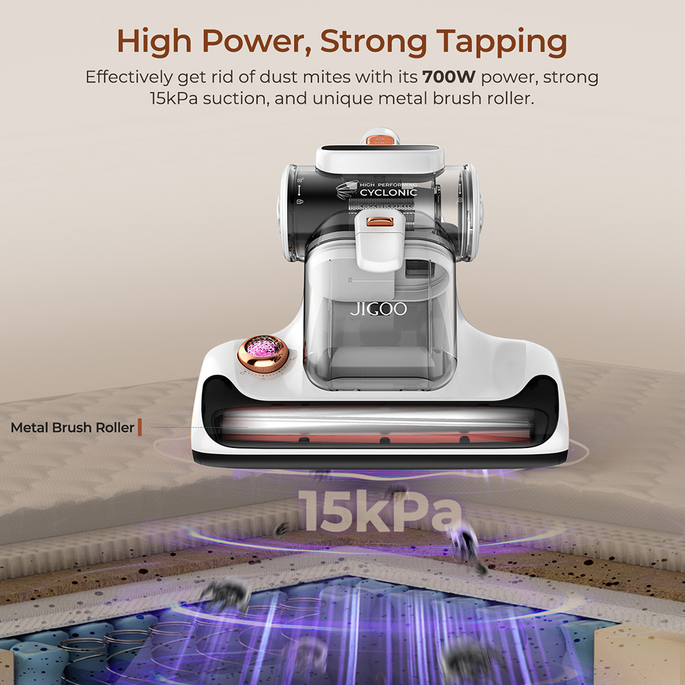 JIGOO T600 Bed Mattress Vacuum Cleaner, Dual Cup Design, 99.99% Dust Mite Removal with Aroma-Diffused System, White