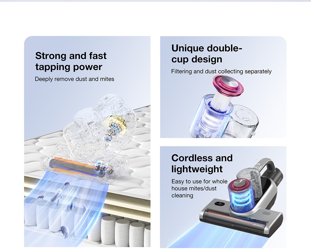 Refurbished JIMMY BD7 Pro Cordless Double Cup Anti-mite Vacuum Cleaner, 245mm Suction Inlet, 0.5L Dust Cup, Smart Dust Sensor