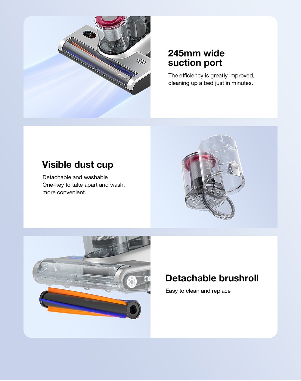 Refurbished JIMMY BD7 Pro Cordless Double Cup Anti-mite Vacuum Cleaner, 245mm Suction Inlet, 0.5L Dust Cup, Smart Dust Sensor