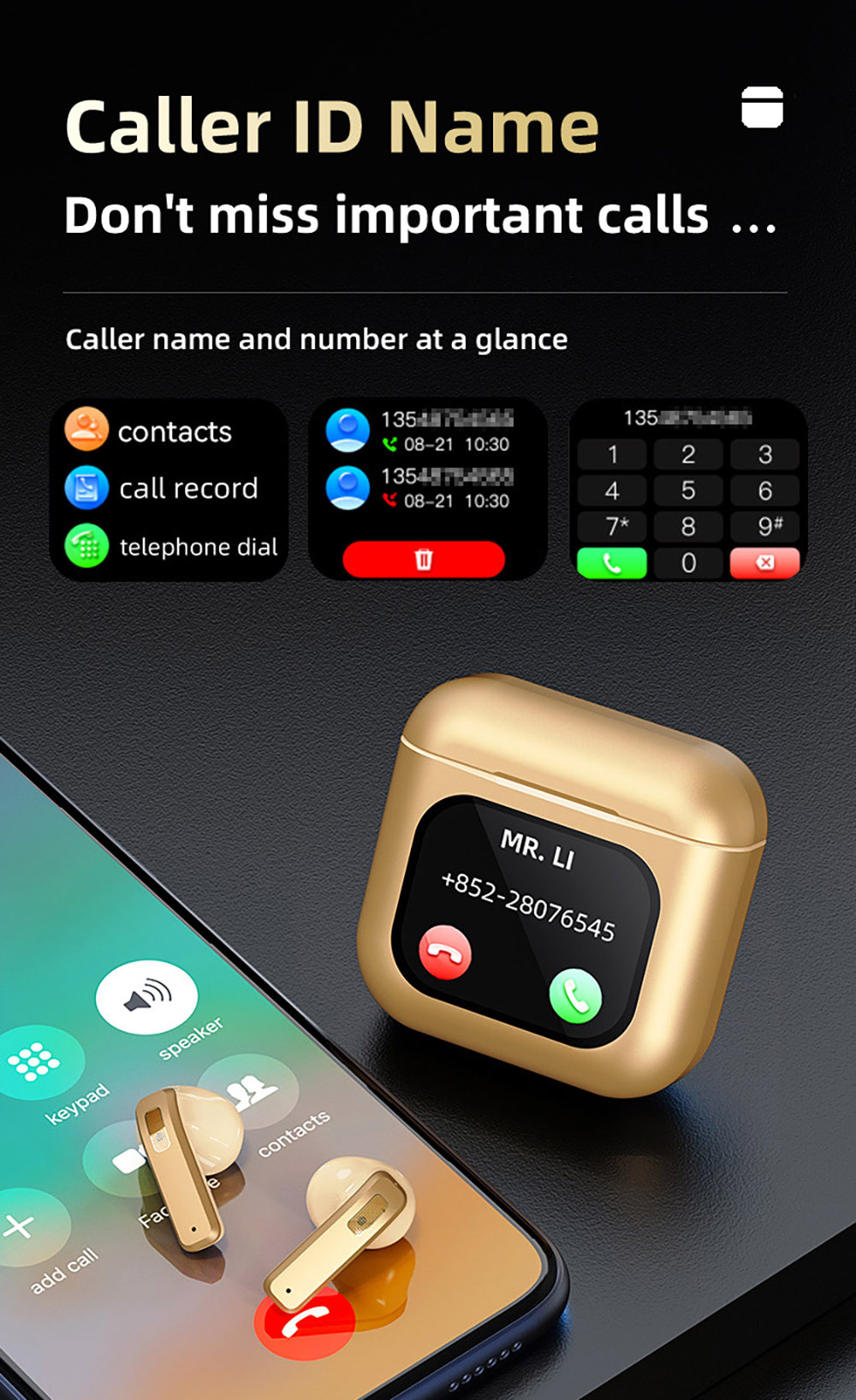 K1 Smart Touchscreen Bluetooth Earphones, Call Information Notification, ENC Call Noise Cancellation, Personalized Screensavers, Game Mode, Bluetooth 5.3, Up to 30 Hours Autonomy - Black