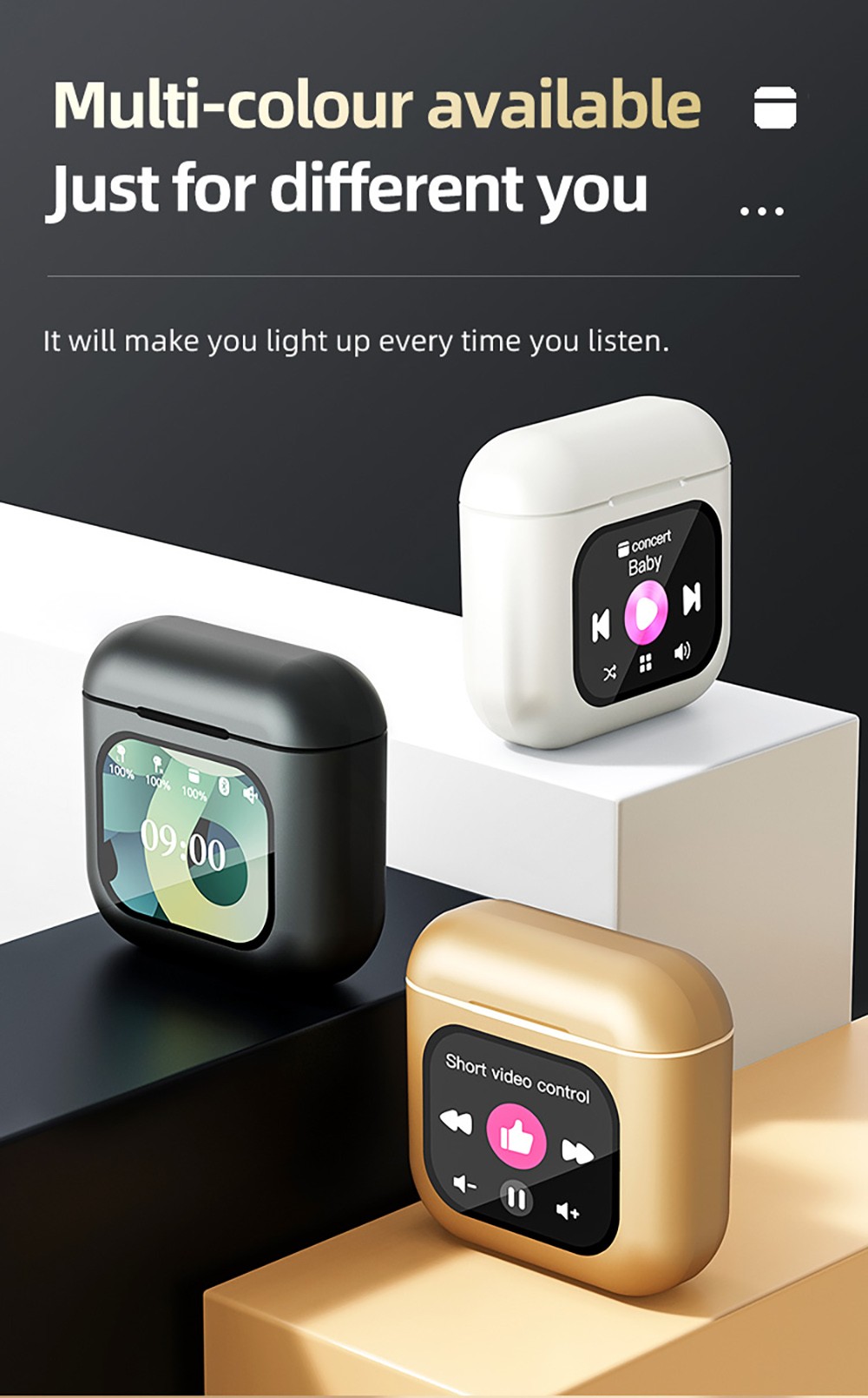 K1 Smart Touchscreen Bluetooth Earphones, Call Information Notification, ENC Call Noise Cancellation, Personalized Screensavers, Game Mode, Bluetooth 5.3, Up to 30 Hours Autonomy - Black