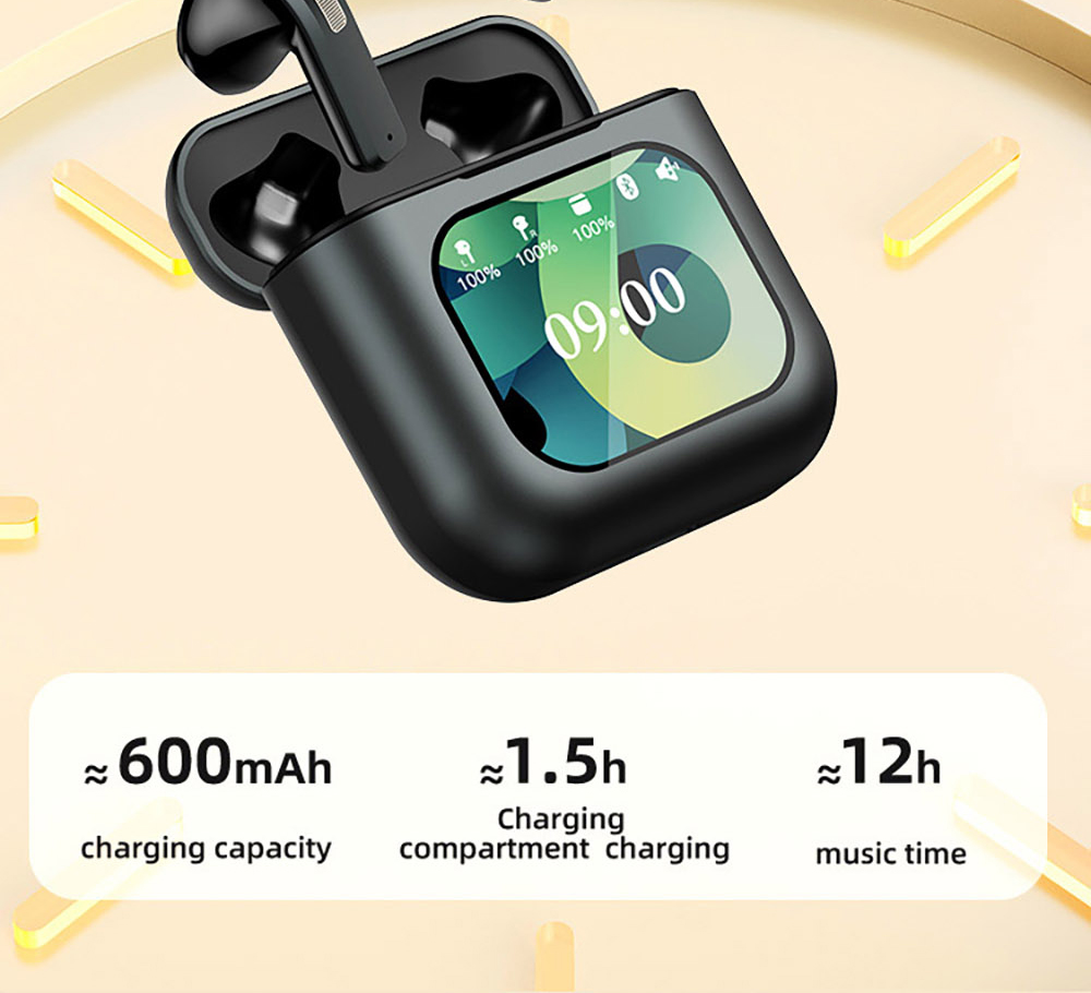 K1 Smart Touchscreen Bluetooth Earphones, Call Information Notification, ENC Call Noise Cancellation, Personalized Screensavers, Game Mode, Bluetooth 5.3, Up to 30 Hours Autonomy - Black