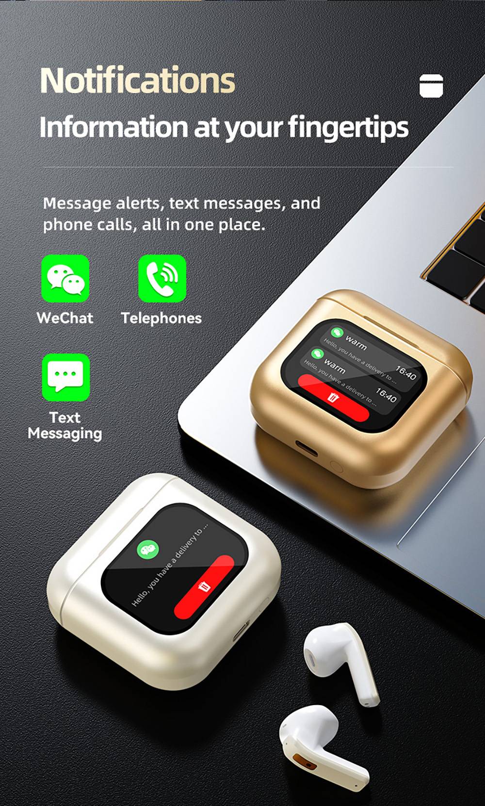 K1 Smart Touchscreen Bluetooth Earphones, Call Information Notification, ENC Call Noise Cancellation, Personalized Screensavers, Game Mode, Bluetooth 5.3, Up to 30 Hours Autonomy - White