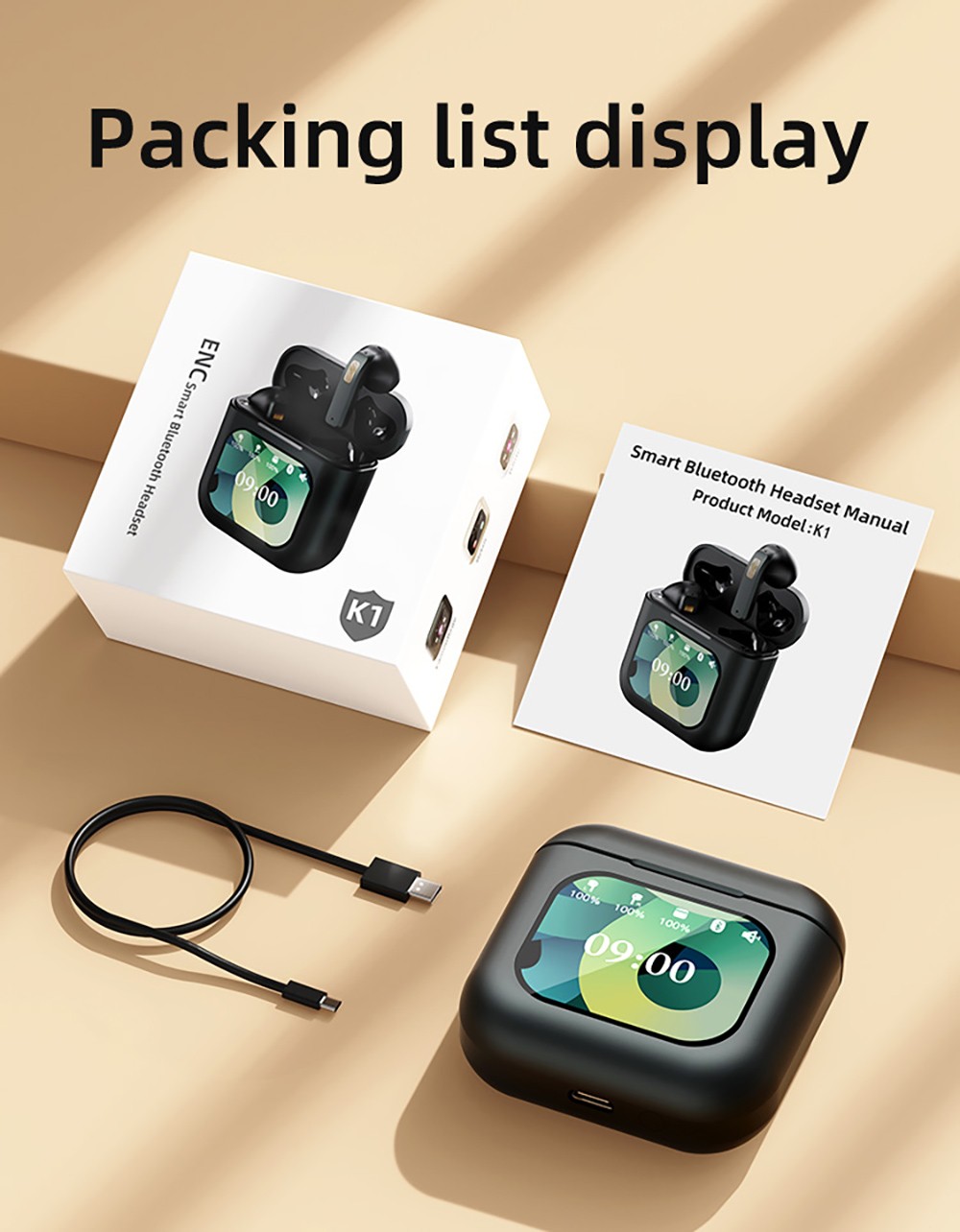 K1 Smart Touchscreen Bluetooth Earphones, Call Information Notification, ENC Call Noise Cancellation, Personalized Screensavers, Game Mode, Bluetooth 5.3, Up to 30 Hours Autonomy - White