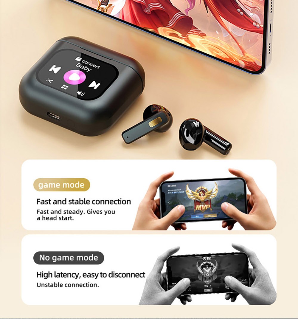 K1 Smart Touchscreen Bluetooth Earphones, Call Information Notification, ENC Call Noise Cancellation, Personalized Screensavers, Game Mode, Bluetooth 5.3, Up to 30 Hours Autonomy - White