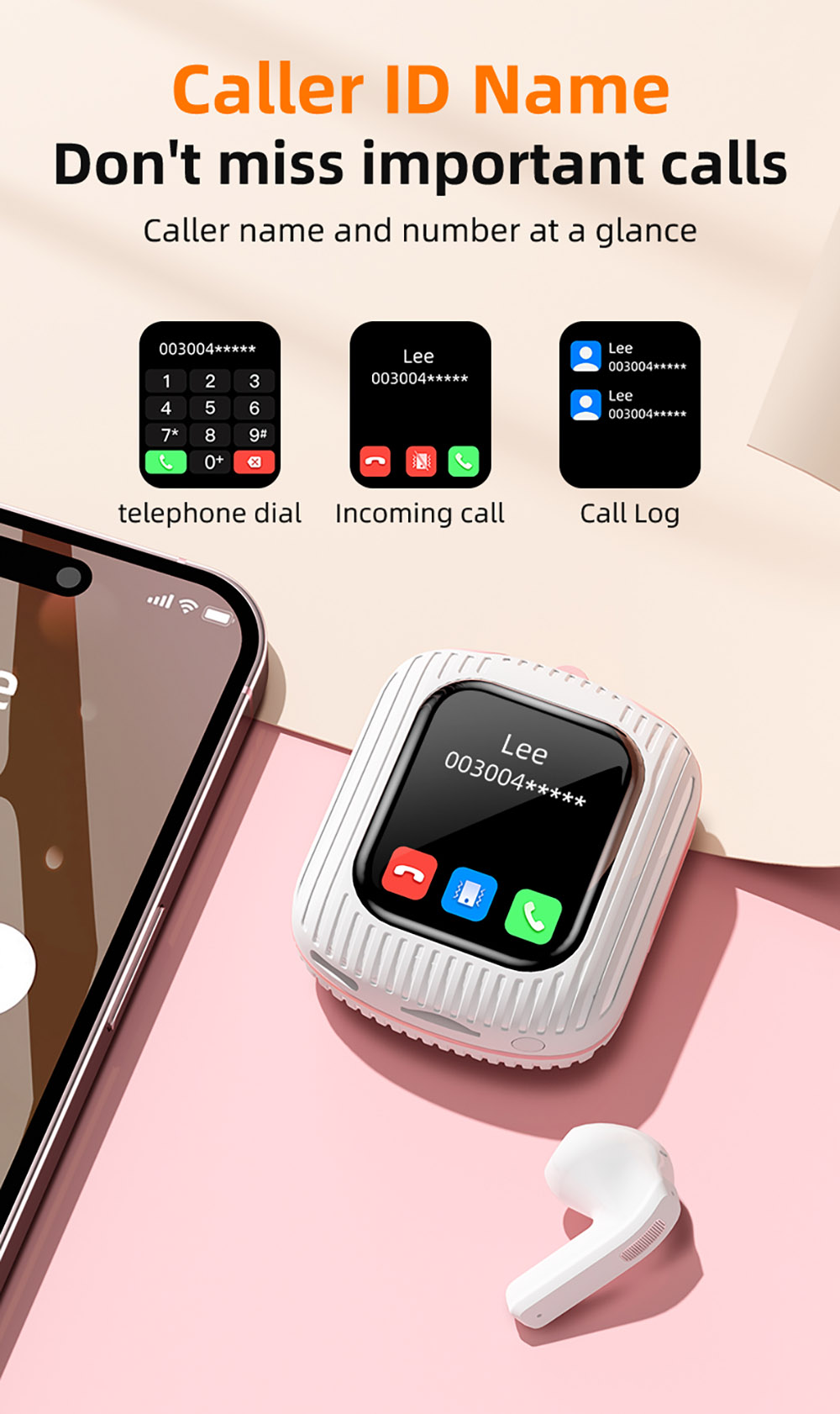 K8 Smart Touchscreen Bluetooth Earphones, 1.83-inch TFT Screen, ENC Call Noise Cancellation, Up to 30 Hours Autonomy - Black