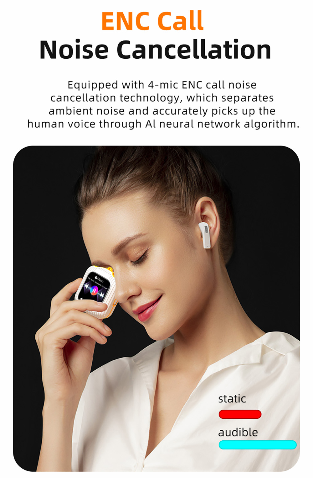 K8 Smart Touchscreen Bluetooth Earphones, 1.83-inch TFT Screen, ENC Call Noise Cancellation, Up to 30 Hours Autonomy - Black