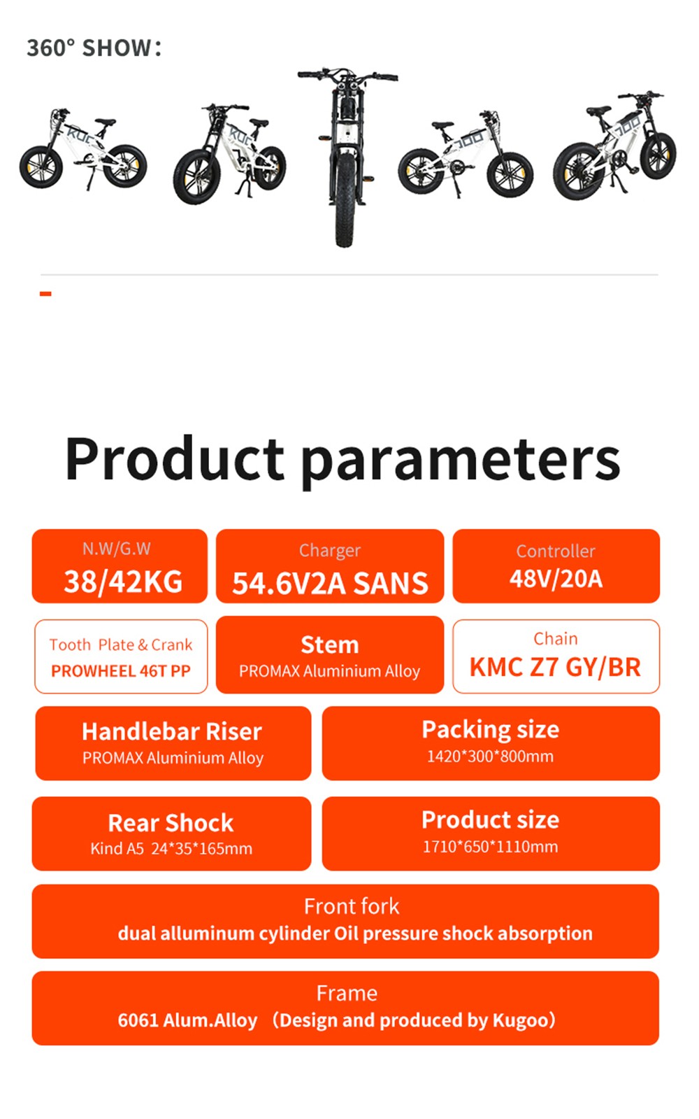Refurbished KUGOO T01 Electric Bike 48V 500W Motor 13Ah Battery 20X4.0 inch Hydraulic Brakes 50-65KM Mileage 150KG Load - Black