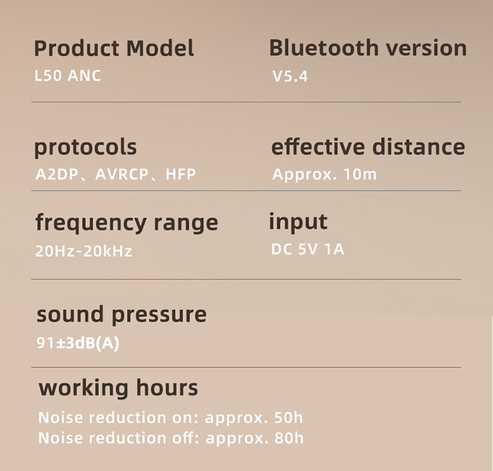 L50 ANC Foldable Headphones, Hi-Fi Audio, Bluetooth 5.4, 50 Hours Playtime (ANC on), Support Wired Connection - Black