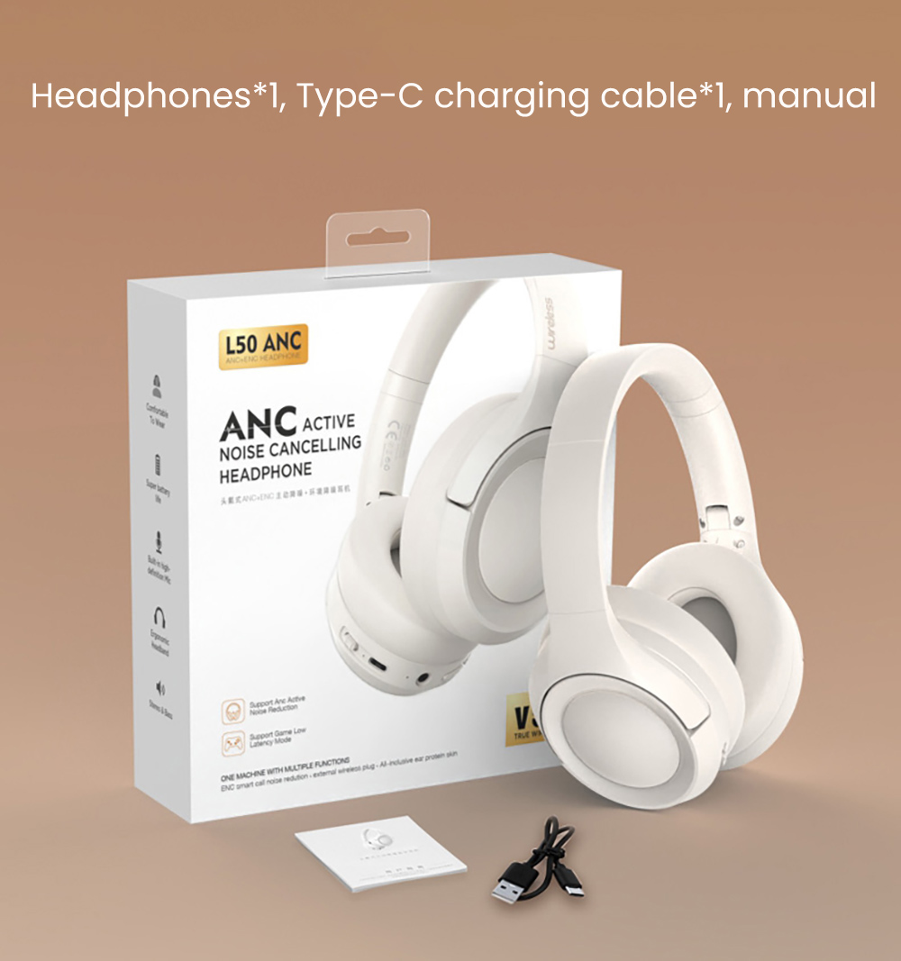 L50 ANC Foldable Headphones, Hi-Fi Audio, Bluetooth 5.4, 50 Hours Playtime (ANC on), Support Wired Connection - White
