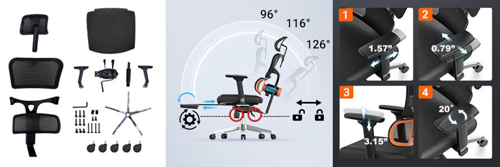 NEWTRAL NT002 Ergonomic Chair, Adaptive Lower Back Support, Adjustable Armrest Headrest Footrest, Gray