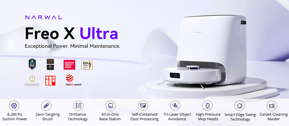 Refurbished Narwal Freo X Ultra Robot Vacuum Cleaner, 8200Pa Suction, 210min Runtime, Tri-Laser Navigation, Zero-Tangling Floating Brush, 1L Disposable Bag, 7-week Dust Storage