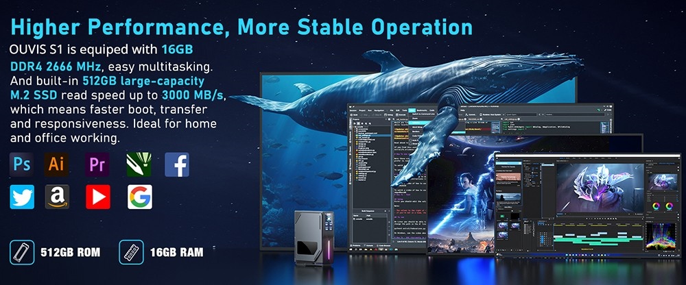 (2024 Upgraded Version) OUVIS S1 Mini PC with LCD Screen RGB Light, Intel Alder Lake N95 4 Cores Up to 3.4GHz, 16GB RAM 512GB SSD, 2*HDMI 2.0 4K HD Dual Display, WiFi 5 Bluetooth 4.2, 2*USB 3.0 2*USB 2.0 2*RJ45 - EU Plug
