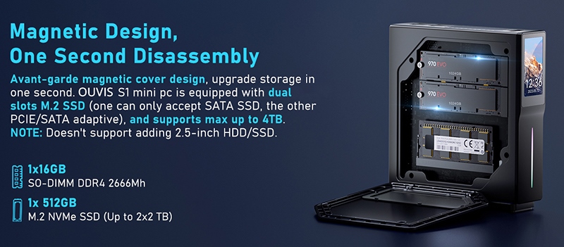 (2024 Upgraded Version) OUVIS S1 Mini PC with LCD Screen RGB Light, Intel Alder Lake N95 4 Cores Up to 3.4GHz, 16GB RAM 512GB SSD, 2*HDMI 2.0 4K HD Dual Display, WiFi 5 Bluetooth 4.2, 2*USB 3.0 2*USB 2.0 2*RJ45 - EU Plug