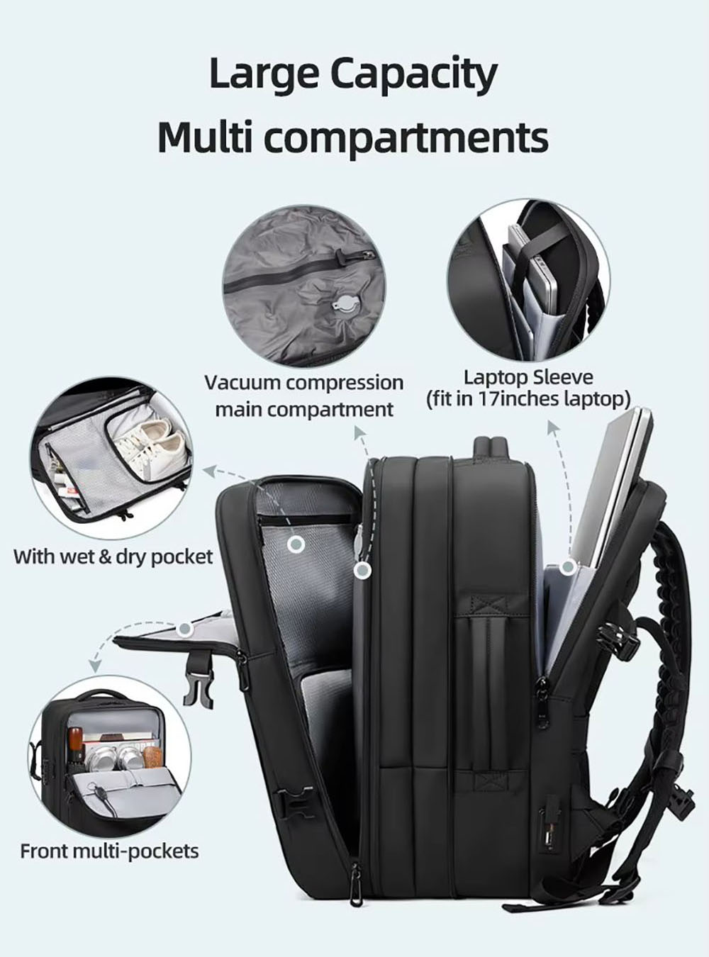 Outwalk 7767 Waterproof Travel Laptop Backpack, with USB Charging Port, Wet & Dry Pocket, Vacuum Compression, Fits 17inch Computer, Extra Large for Men Women