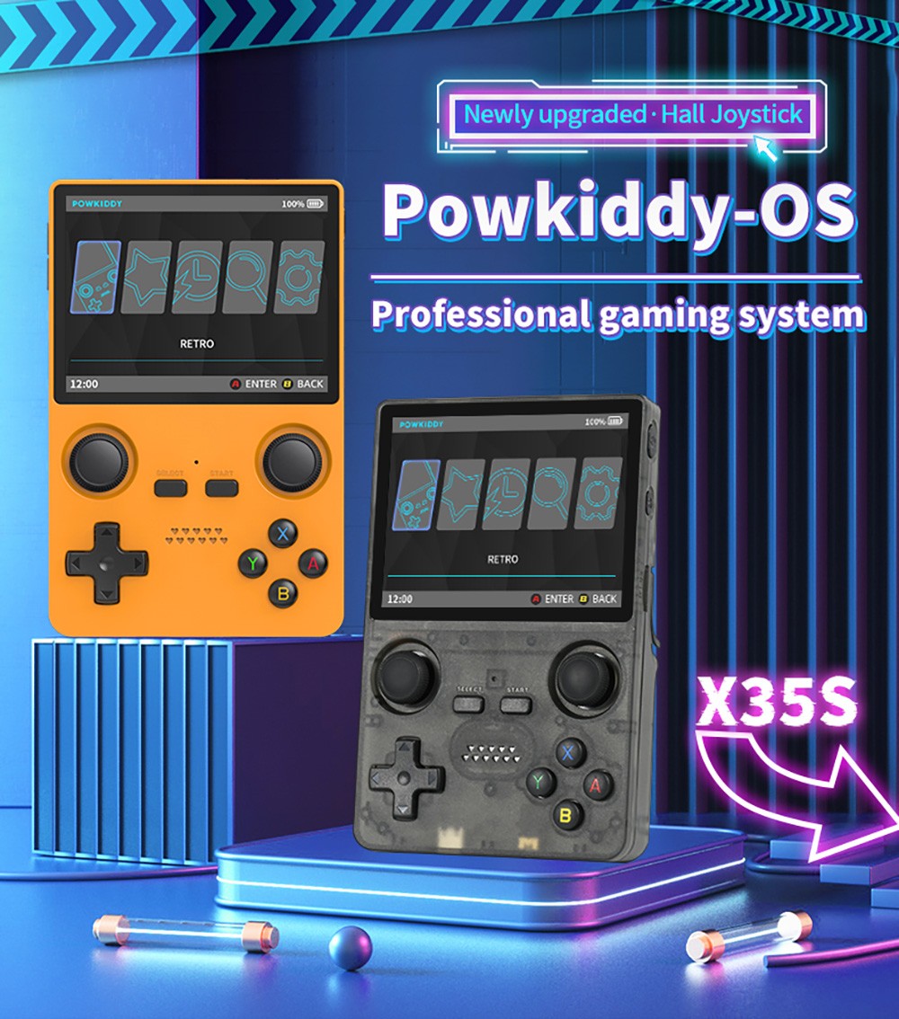 Powkiddy X35S Handheld Game Console, 3.5-inch IPS Screen, Open Source Linux System, 16GB + 128GB TF Card - Black