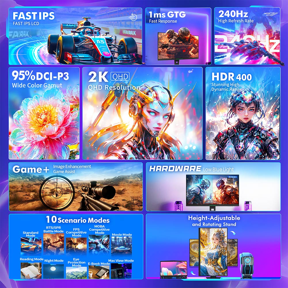 TITAN ARMY P2710S Gaming Monitor, 27'' 2560*1440 Fast IPS Screen, 240Hz Refresh Rate, 1ms GTG, HDR400, Adaptive-Sync, Dynamic OD, Game Assist, 10 Scenario Modes, PBP&PIP Display, Low Blue Light, Adjustable Rotating Stand, Wall Mount Support