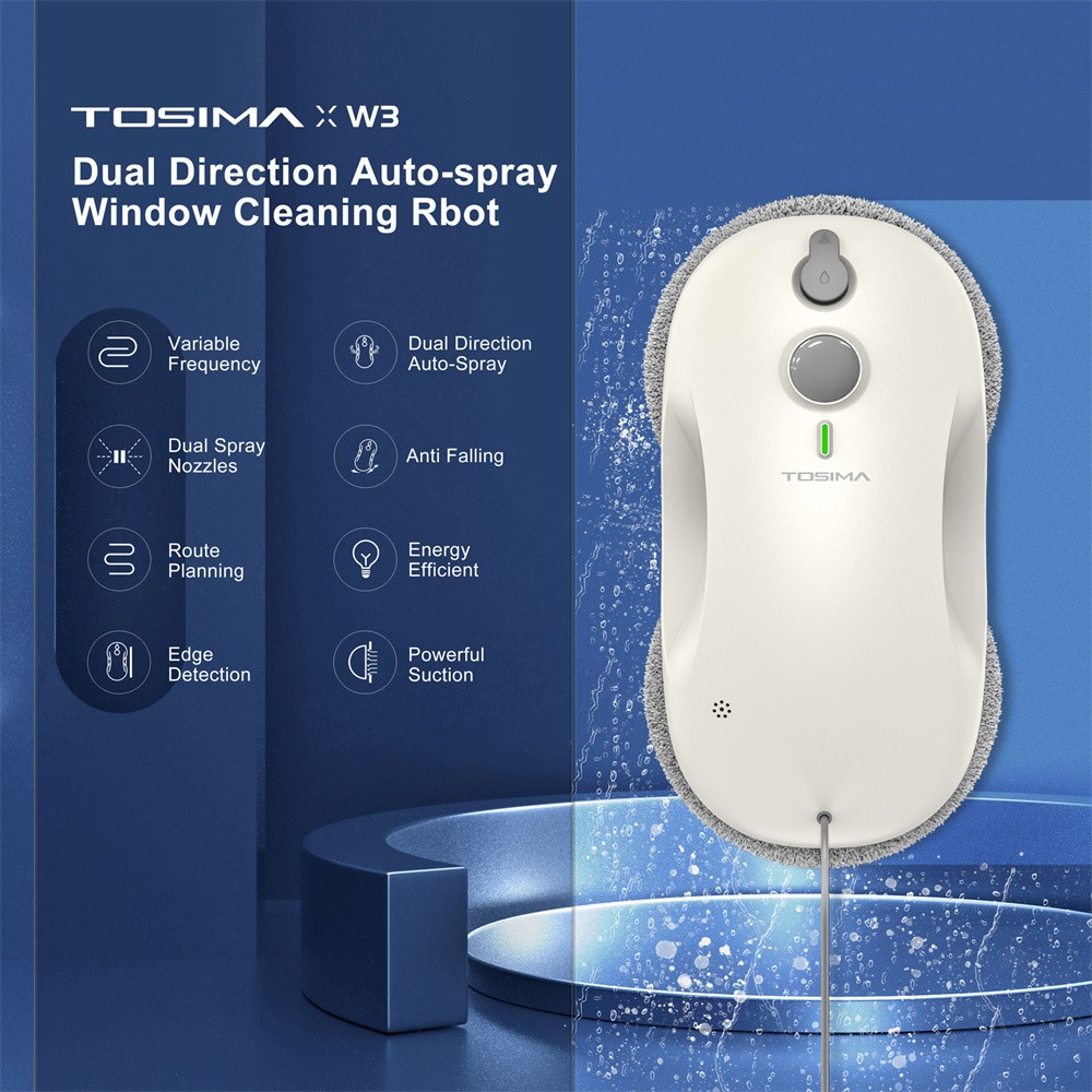 Refurbished TOSIMA W3 Window Cleaning Robot, Max 3800Pa Suction, Bi-Directional Automatic Spray, with 12 Mops