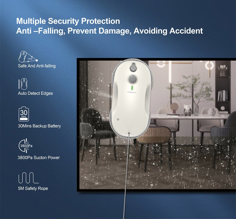 Refurbished TOSIMA W3 Window Cleaning Robot, Max 3800Pa Suction, Bi-Directional Automatic Spray, with 12 Mops