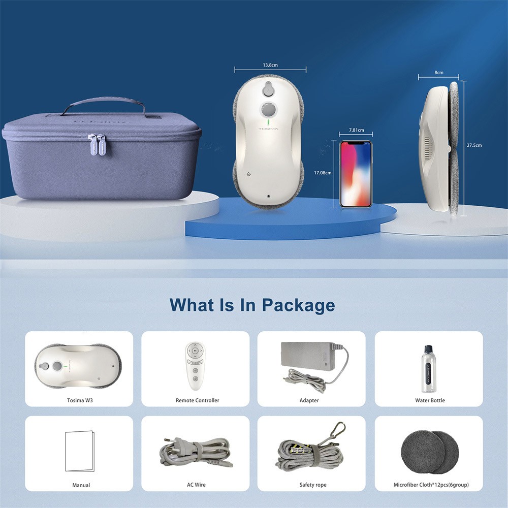 Refurbished TOSIMA W3 Window Cleaning Robot, Max 3800Pa Suction, Bi-Directional Automatic Spray, with 12 Mops