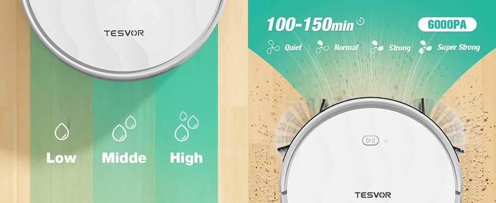 Refurbished Tesvor M2 Robot Vacuum Cleaner with Mop Function, 6000Pa Suction, Gyroscope Navigation, 600ml Dustbin, 150Mins Runtime