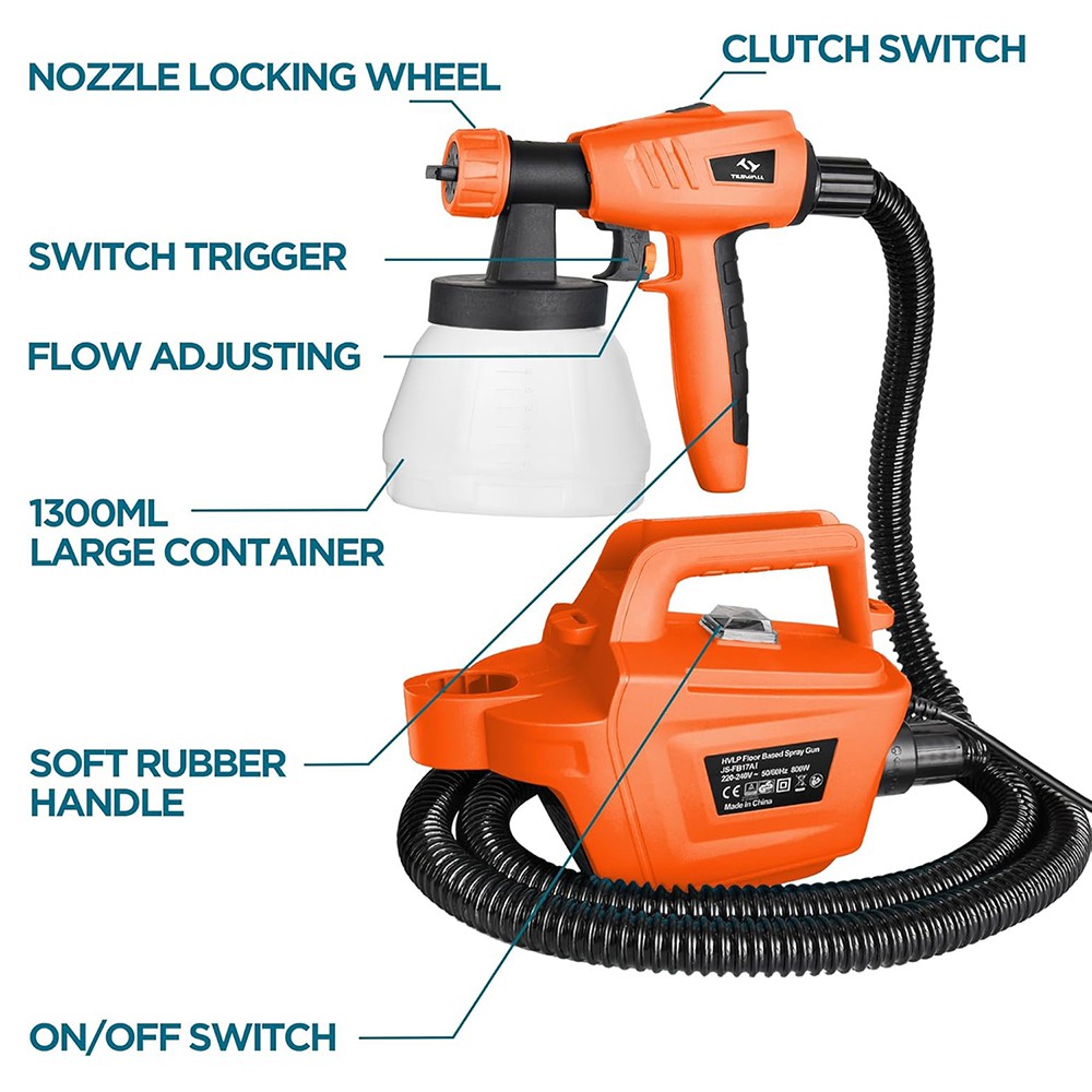 Tilswall 800W Paint Sprayer, Max 1100ml/min Spray Speed, 1300ml Detachable Tank, 3 Nozzles Sizes, Orange