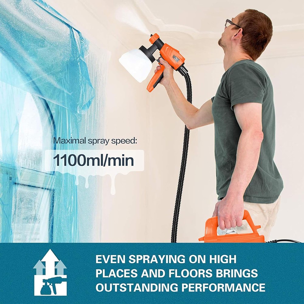 Tilswall 800W Paint Sprayer, Max 1100ml/min Spray Speed, 1300ml Detachable Tank, 3 Nozzles Sizes, Orange