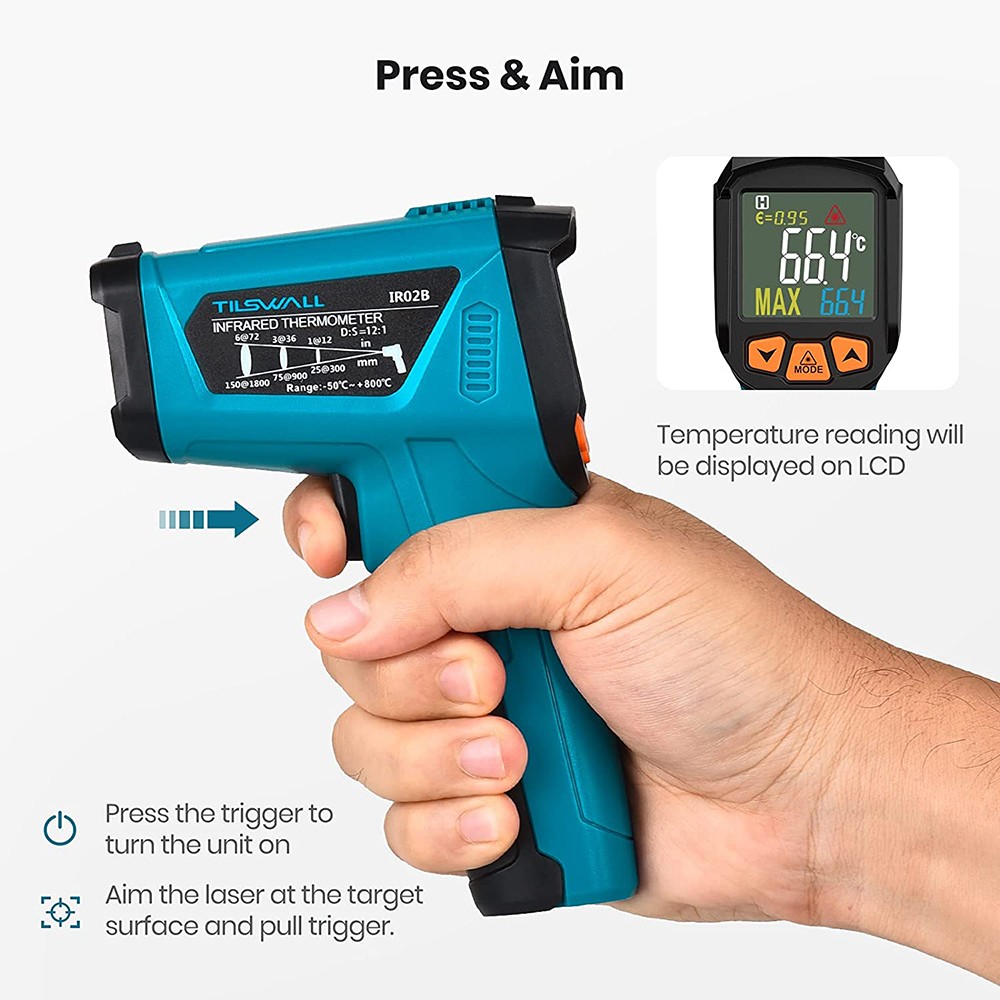 Tilswall IR02B Digital Cooking Thermometer with Probe, Adjustable Temperature -58℉~1472℉ (-50℃~800℃), LCD Screen