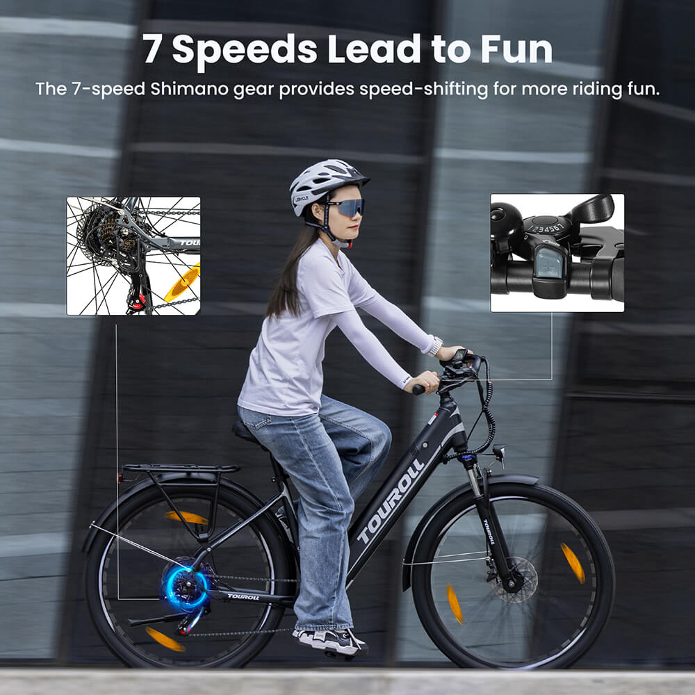 Touroll J1 ST Trekking Bike with 250W Motor, 27.5in Wheels, 561.6Wh Battery, 100km Range, Mechanical Disc Brake & E-Brake (Black)