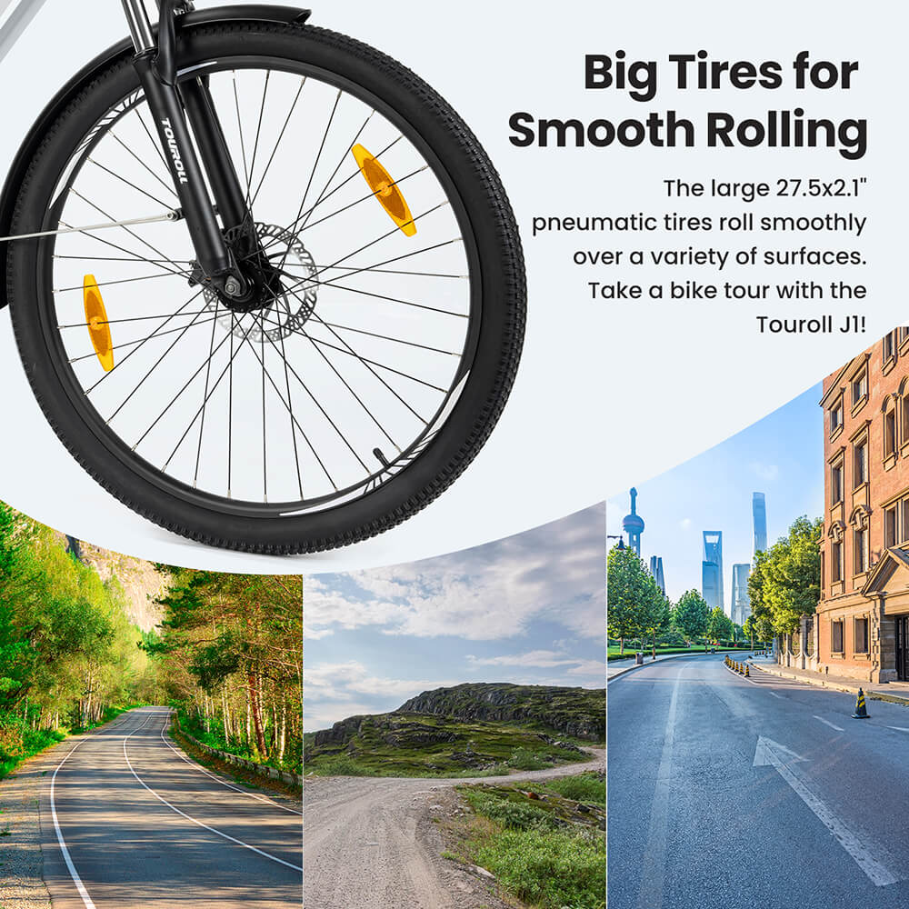 Touroll J1 Trekking Bike with 250W Motor, 27.5in Wheels, 561.6Wh Battery, 100km Range, Mechanical Disc Brake & E-Brake (Black)