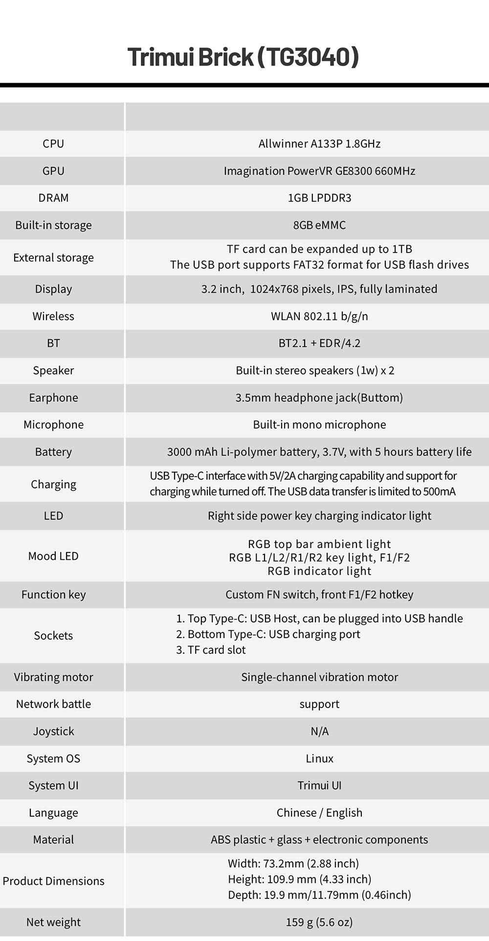 Trimui Brick Handheld Game Console, 256GB TF Card, 3.2-inch 1024*768 IPS Screen, 8GB eMMC Storage, 5 Hours Autonomy, Type-C Fast Charging - Purple