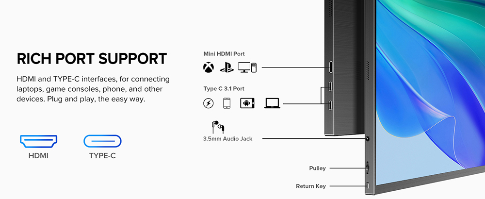 UPERFECT K118 18'' Portable Gaming Monitor, 144Hz Refresh Rate, 2560x1600 QHD IPS Screen, 1000:1 Contrast Ratio, FreeSync, HDR, 100% DCI-P3, Built-in Speaker, 9ms Response Time, Low Blue Light, VESA Mount, 1*Mini HDMI,1*Type-C, 1*Audio Jack - US Plug