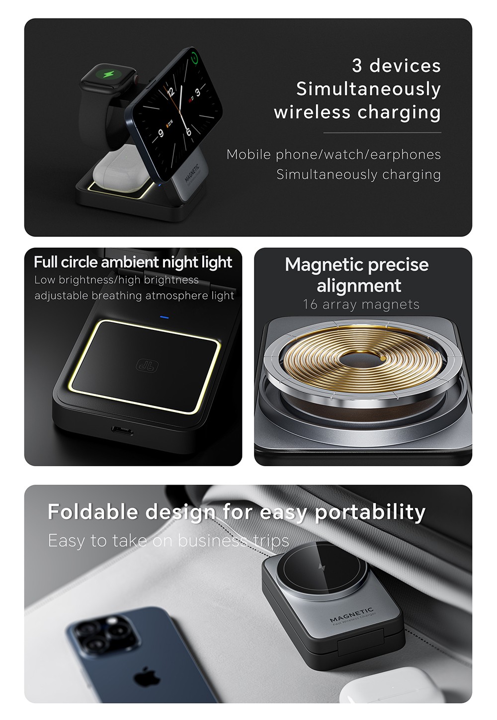 W91 15W 3 in 1 Foldable Magsafe Wireless Charger for iPhone 16/15/14/13/12 Series, Apple Watch, AirPods