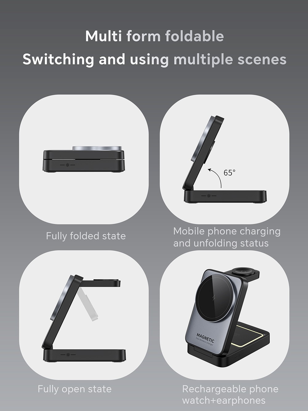 W91 15W 3 in 1 Foldable Magsafe Wireless Charger for iPhone 16/15/14/13/12 Series, Apple Watch, AirPods