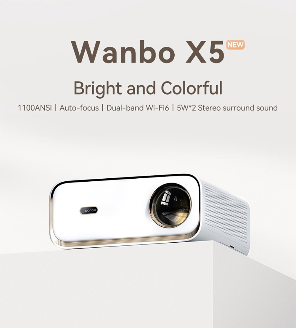 Refurbished Wanbo X5 LCD Projector, 1080P, 1100 ANSI Lumens, Auto-keystone Correction, Dual-band WiFi 6, 1GB/16GB, Bluetooth 5.0