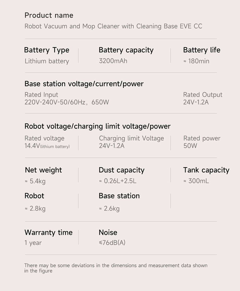 Refurbished Xiaomi ROIDMI EVE CC Robot Vacuum Cleaner, Vacuuming and Mopping, 3800Pa Suction, 0.29L Water Tank, 0.26L Dust Box