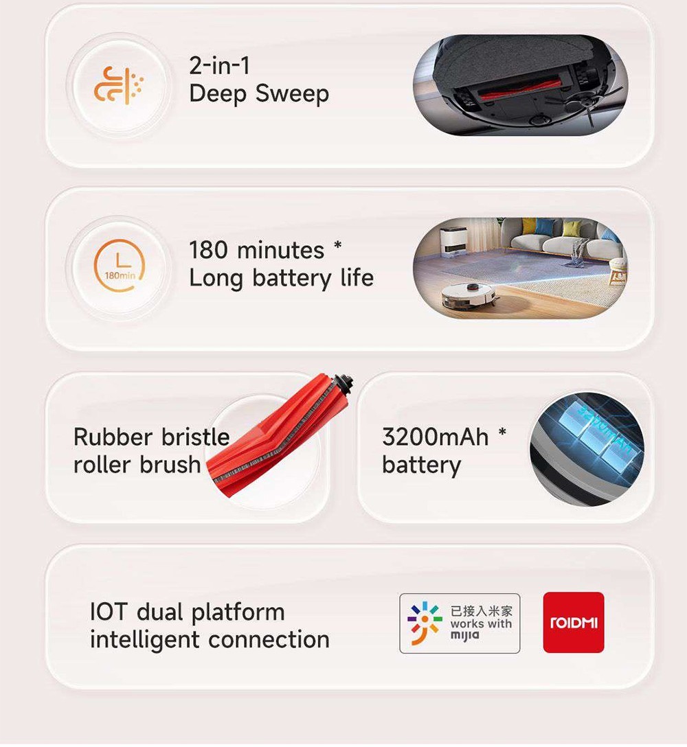 Refurbished Xiaomi ROIDMI EVE CC Robot Vacuum Cleaner, Vacuuming and Mopping, 3800Pa Suction, 0.29L Water Tank, 0.26L Dust Box