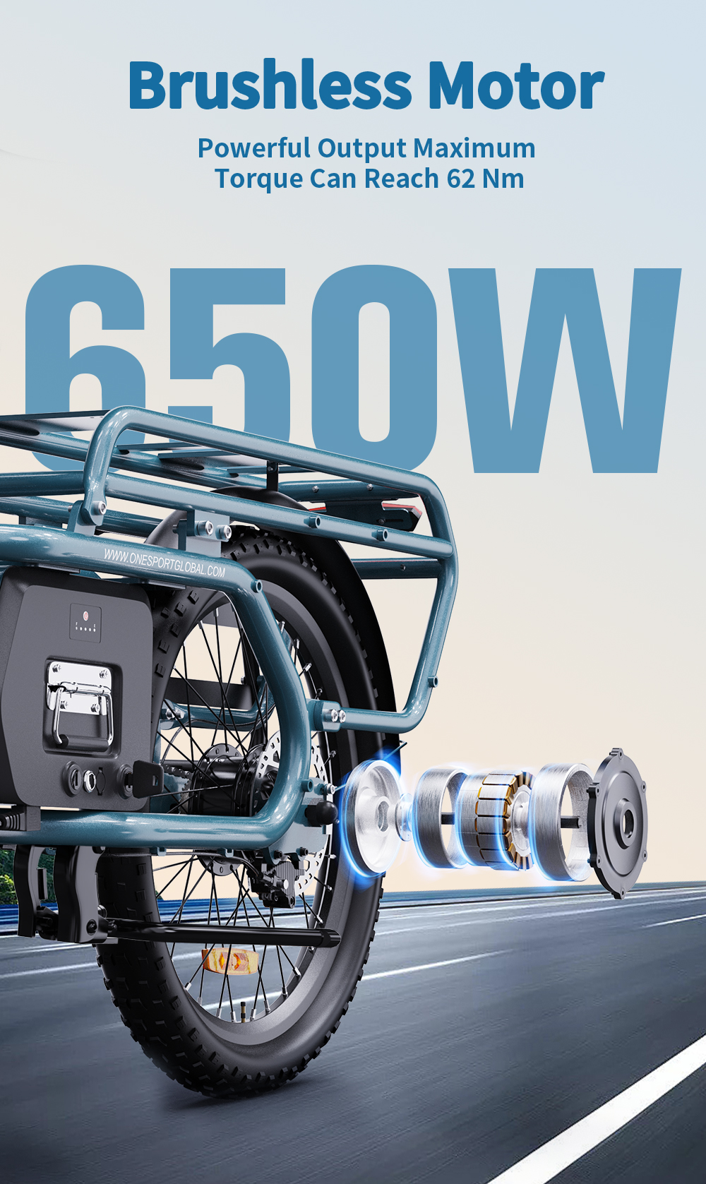 ONESPORT OT01 Elektrofahrrad, 650-W-Motor, 48-V-27-Ah-Akku, 20 x 2,6-Zoll-Reifen, 25 km/h Höchstgeschwindigkeit, 100 km maximale Reichweite, hydraulische Scheibenbremsen, Vorderradgabel mit Federung - Blau