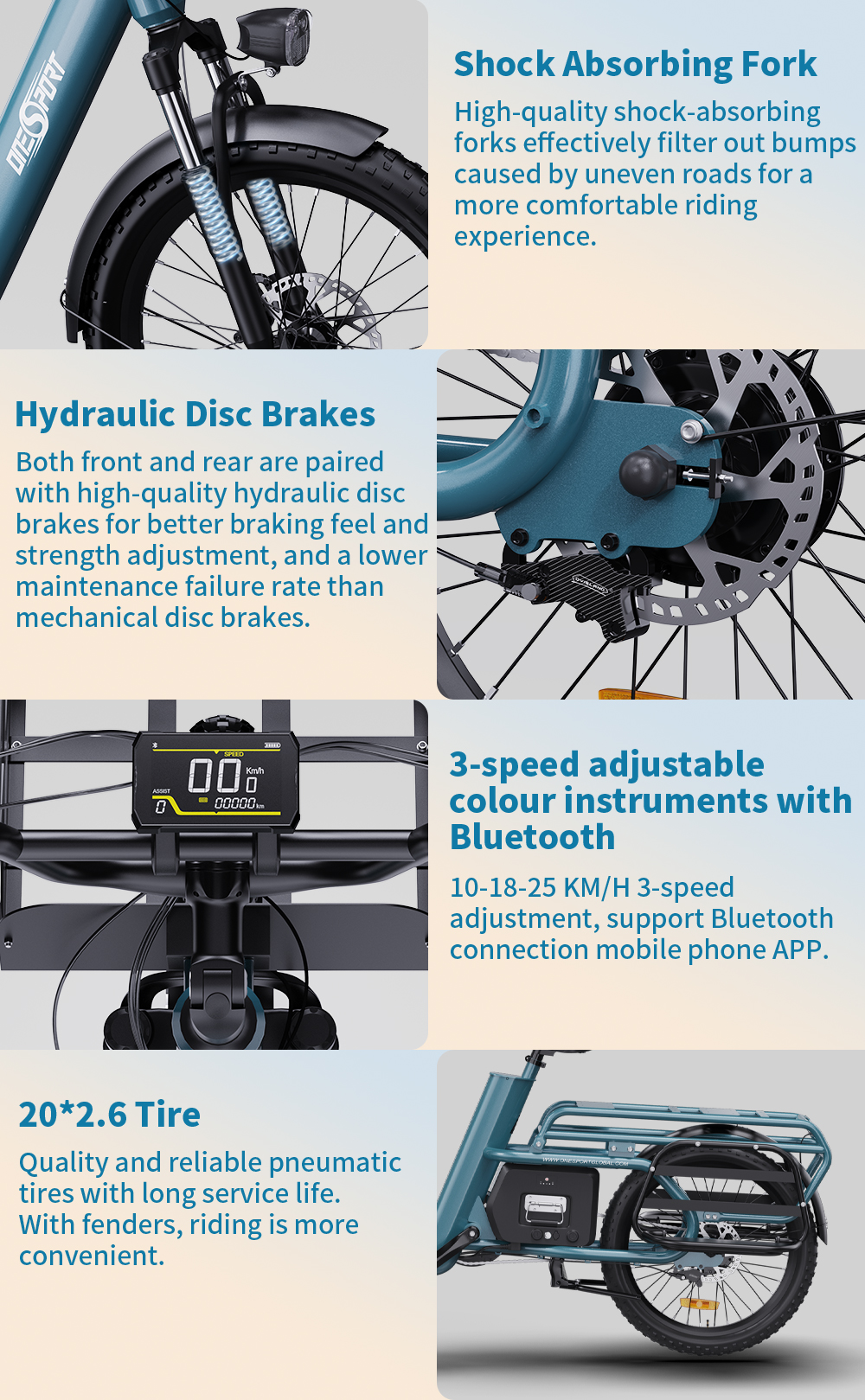 ONESPORT OT01 Elektrofahrrad, 650-W-Motor, 48-V-27-Ah-Akku, 20 x 2,6-Zoll-Reifen, 25 km/h Höchstgeschwindigkeit, 100 km maximale Reichweite, hydraulische Scheibenbremsen, Vorderradgabel mit Federung - Blau
