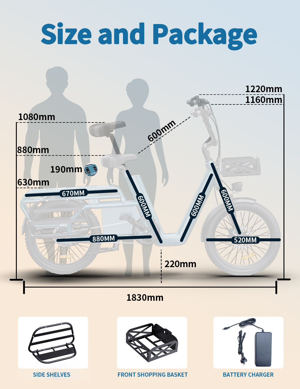 ONESPORT OT01 Electric Cargo Bike, 650W Motor, 48V 27Ah Battery, 20*2.6-inch Tire, 25km/h Max Speed, 100km Max Range, Hydraulic Disc Brakes, Front Suspension Fork - Blue