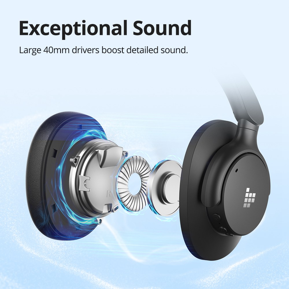 Tronsmart Sounfii Q20 ANC Bluetooth Headphones, 50 Hours Autonomy, 90° Swiveling Earpads, Pair with 2 Devices, Tronsmart App Control, Built-in Mic for Clear Calls, Active Noise Cancellation - Black