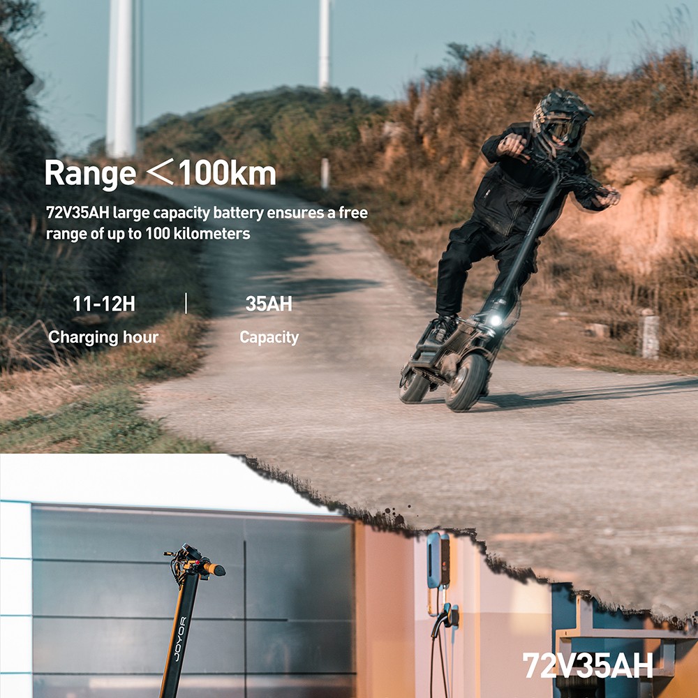 JOYOR E8-S 11-inch Off-road Electric Scooter 1600W*2 Dual Motor 72V 35Ah Lithium Battery, 80km/h Max Speed, 80-100km Range Hydraulic Brakes - Black