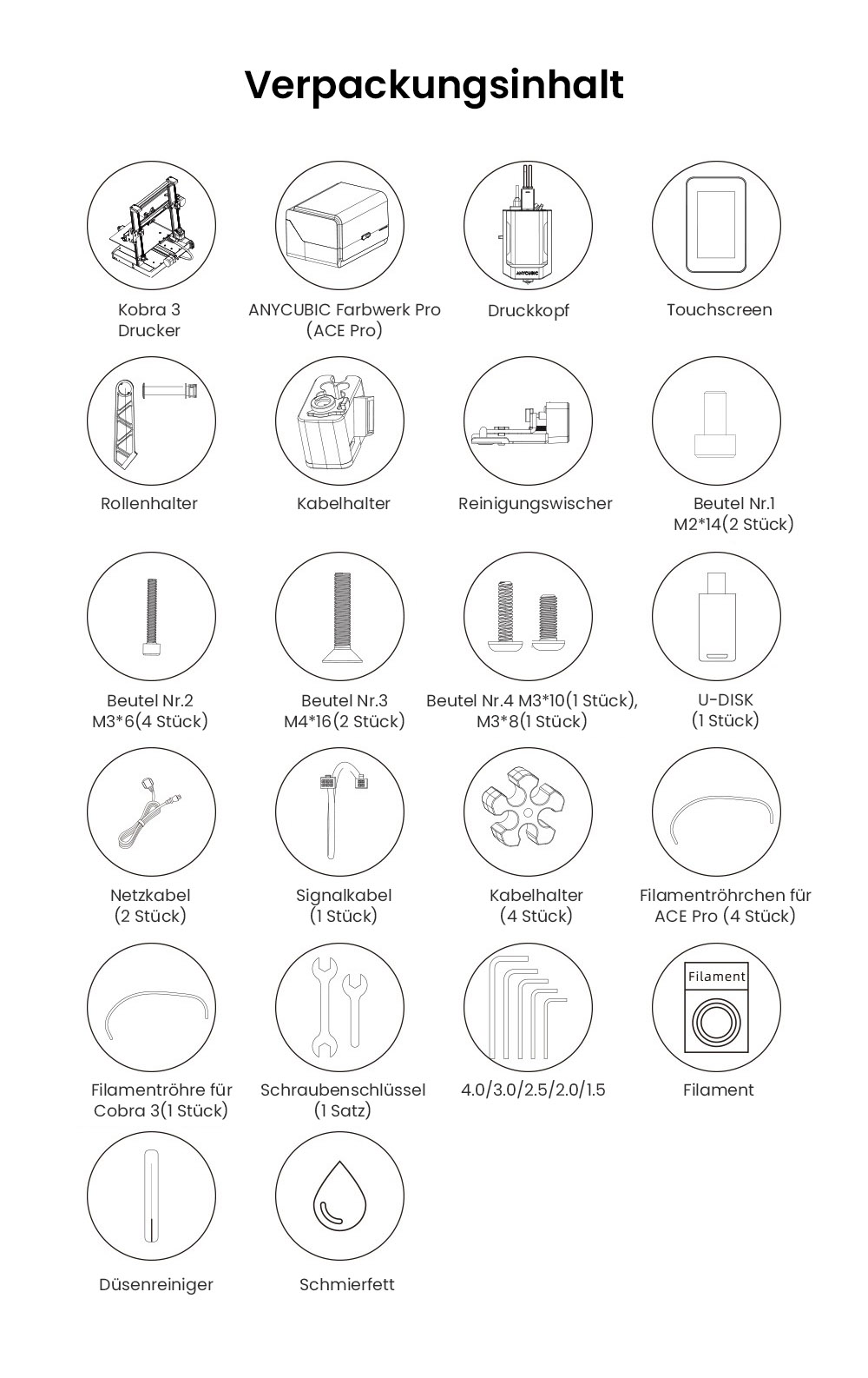 Anycubic Kobra 3 3D Drucker mit ACE Pro Combo + 6kg Creality Hyper-PLA Filament - Weiß + Erdbeerrot + Orange + Rot + Golden + Blau