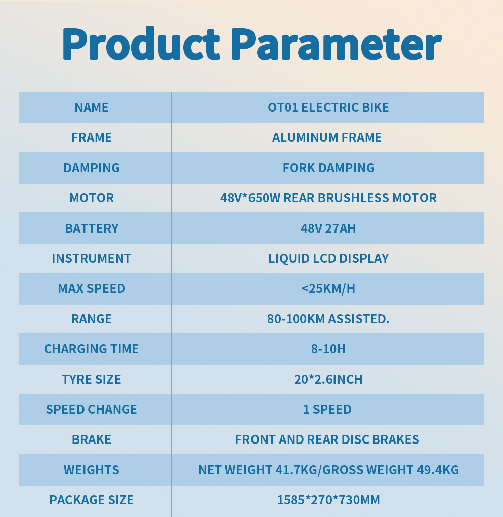 ONESPORT OT01 Elektrofahrrad, 650-W-Motor, 48-V-27-Ah-Akku, 20 x 2,6-Zoll-Reifen, 25 km/h Höchstgeschwindigkeit, 100 km maximale Reichweite, hydraulische Scheibenbremsen, Vorderradgabel mit Federung - Blau